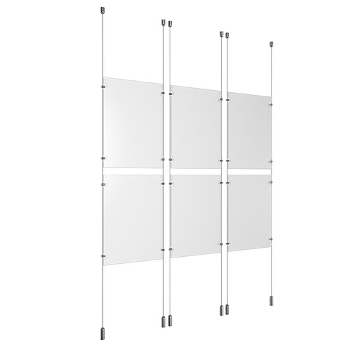 (6) 11'' Width x 17'' Height Clear Acrylic Frame & (6) Ceiling-to-Floor Aluminum Clear Anodized Cable Systems with (24) Single-Sided Panel Grippers