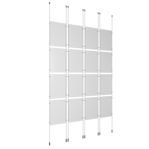 (16) 11'' Width x 17'' Height Clear Acrylic Frame & (8) Ceiling-to-Floor Aluminum Clear Anodized Cable Systems with (64) Single-Sided Panel Grippers