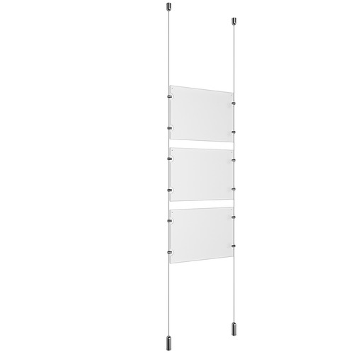 (3) 11'' Width x 8-1/2'' Height Clear Acrylic Frame & (2) Ceiling-to-Floor Aluminum Clear Anodized Cable Systems with (12) Single-Sided Panel Grippers