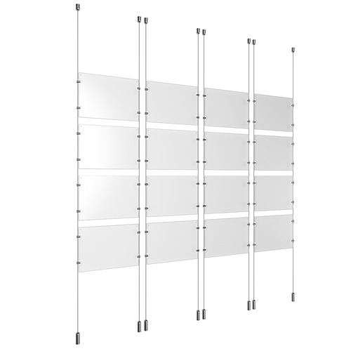 (16) 11'' Width x 8-1/2'' Height Clear Acrylic Frame & (8) Ceiling-to-Floor Aluminum Clear Anodized Cable Systems with (64) Single-Sided Panel Grippers