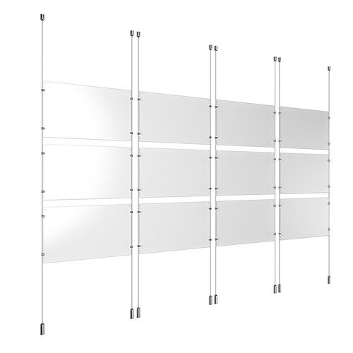 (12) 17'' Width x 11'' Height Clear Acrylic Frame & (8) Ceiling-to-Floor Aluminum Clear Anodized Cable Systems with (48) Single-Sided Panel Grippers