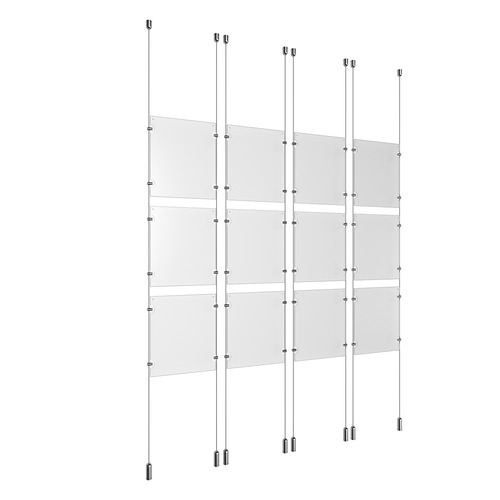 (12) 8-1/2'' Width x 11'' Height Clear Acrylic Frame & (8) Ceiling-to-Floor Aluminum Clear Anodized Cable Systems with (48) Single-Sided Panel Grippers