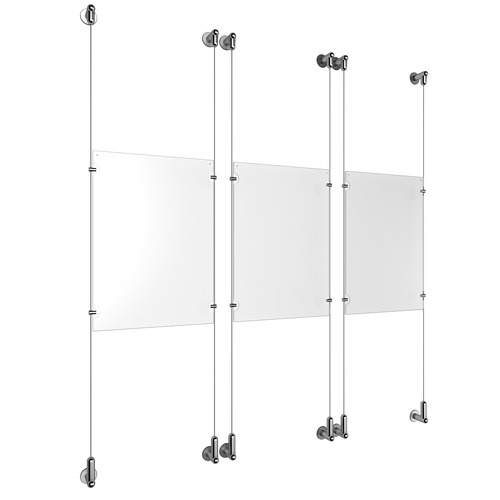 (3) 11'' Width x 17'' Height Clear Acrylic Frame & (6) Wall-to-Wall Aluminum Clear Anodized Cable Systems with (12) Single-Sided Panel Grippers