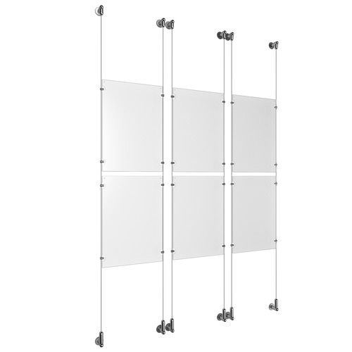 (6) 11'' Width x 17'' Height Clear Acrylic Frame & (6) Wall-to-Wall Aluminum Clear Anodized Cable Systems with (24) Single-Sided Panel Grippers