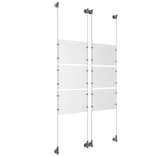 (6) 11'' Width x 8-1/2'' Height Clear Acrylic Frame & (4) Wall-to-Wall Aluminum Clear Anodized Cable Systems with (24) Single-Sided Panel Grippers