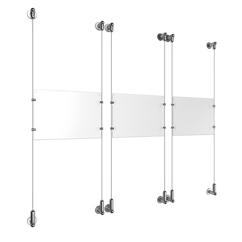 (3) 11'' Width x 8-1/2'' Height Clear Acrylic Frame & (6) Wall-to-Wall Aluminum Clear Anodized Cable Systems with (12) Single-Sided Panel Grippers