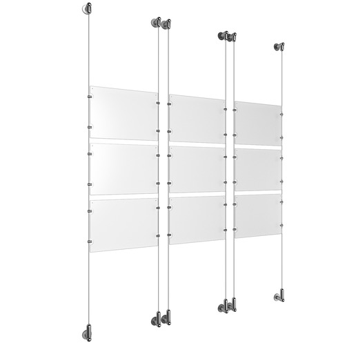 (9) 11'' Width x 8-1/2'' Height Clear Acrylic Frame & (6) Wall-to-Wall Aluminum Clear Anodized Cable Systems with (36) Single-Sided Panel Grippers