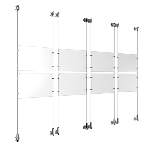 (8) 11'' Width x 8-1/2'' Height Clear Acrylic Frame & (8) Wall-to-Wall Aluminum Clear Anodized Cable Systems with (32) Single-Sided Panel Grippers