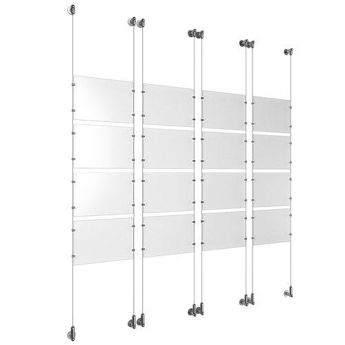 (16) 11'' Width x 8-1/2'' Height Clear Acrylic Frame & (8) Wall-to-Wall Aluminum Clear Anodized Cable Systems with (64) Single-Sided Panel Grippers