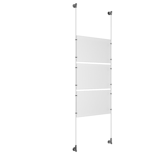 (3) 17'' Width x 11'' Height Clear Acrylic Frame & (2) Wall-to-Wall Aluminum Clear Anodized Cable Systems with (12) Single-Sided Panel Grippers