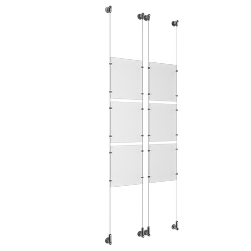 (6) 8-1/2'' Width x 11'' Height Clear Acrylic Frame & (4) Wall-to-Wall Aluminum Clear Anodized Cable Systems with (24) Single-Sided Panel Grippers