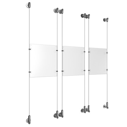 (3) 8-1/2'' Width x 11'' Height Clear Acrylic Frame & (6) Wall-to-Wall Aluminum Clear Anodized Cable Systems with (12) Single-Sided Panel Grippers