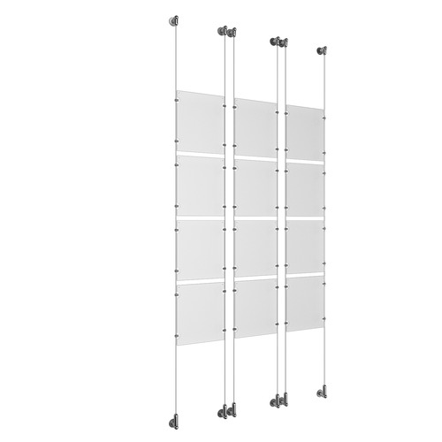 (12) 8-1/2'' Width x 11'' Height Clear Acrylic Frame & (6) Wall-to-Wall Aluminum Clear Anodized Cable Systems with (48) Single-Sided Panel Grippers