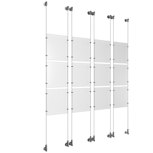 (12) 8-1/2'' Width x 11'' Height Clear Acrylic Frame & (8) Wall-to-Wall Aluminum Clear Anodized Cable Systems with (48) Single-Sided Panel Grippers