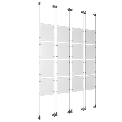 (16) 8-1/2'' Width x 11'' Height Clear Acrylic Frame & (8) Wall-to-Wall Aluminum Clear Anodized Cable Systems with (64) Single-Sided Panel Grippers