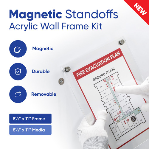 (2) 8-1/2'' X 11'' Clear Acrylics, Pre-Drilled With Polished Edges (Thick 1/8'' each), Wall Frame with (4) 1/2'' X 9/16'' Magnetic Standoffs includes Screws and Anchors