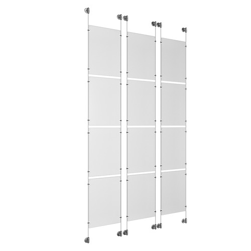 (12) 11'' Width x 17'' Height Clear Acrylic Frame & (6) Aluminum Clear Anodized Adjustable Angle Cable Systems with (48) Single-Sided Panel Grippers