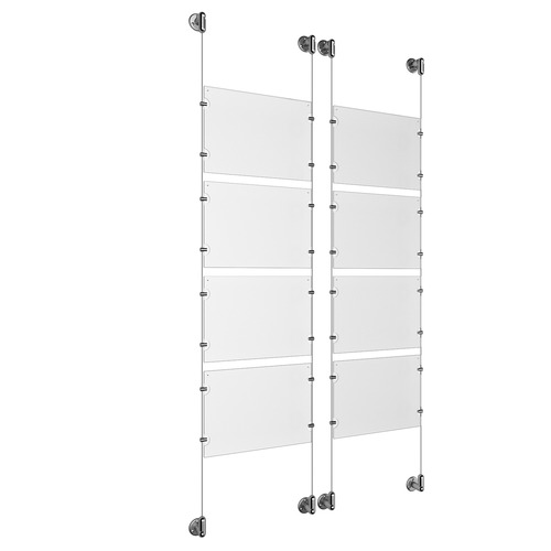 (8) 11'' Width x 8-1/2'' Height Clear Acrylic Frame & (4) Aluminum Clear Anodized Adjustable Angle Cable Systems with (32) Single-Sided Panel Grippers