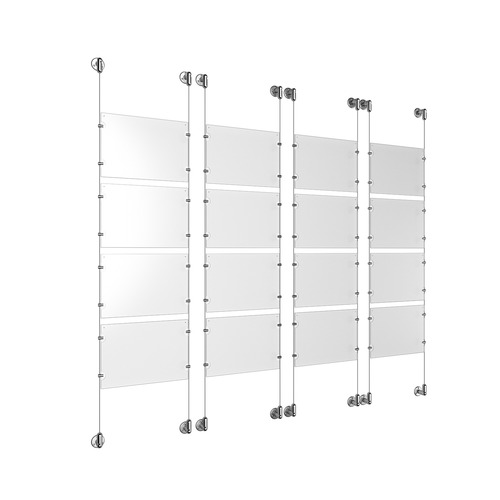 (16) 11'' Width x 8-1/2'' Height Clear Acrylic Frame & (8) Aluminum Clear Anodized Adjustable Angle Cable Systems with (64) Single-Sided Panel Grippers