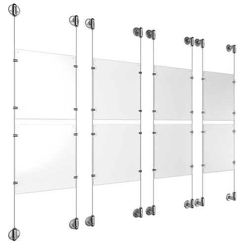 (8) 8-1/2'' Width x 11'' Height Clear Acrylic Frame & (8) Aluminum Clear Anodized Adjustable Angle Cable Systems with (32) Single-Sided Panel Grippers