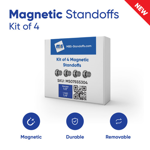 (4)  1/2'' Diameter X 9/16'' Zinc Magnet Barrel, Stainless Steel (304) Head Magnetic Standoffs, Flat Head Satin Brushed Finish, included Screw and Anchors (for Inside Use) Material Thick. Accepted 5/16'' to 3/8'' [Required Material Hole Size: 1/4'']