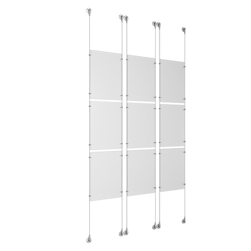 (9) 11'' Width x 17'' Height Clear Acrylic Frame & (6) Aluminum Clear Anodized Adjustable Angle Signature Cable Systems with (36) Single-Sided Panel Grippers