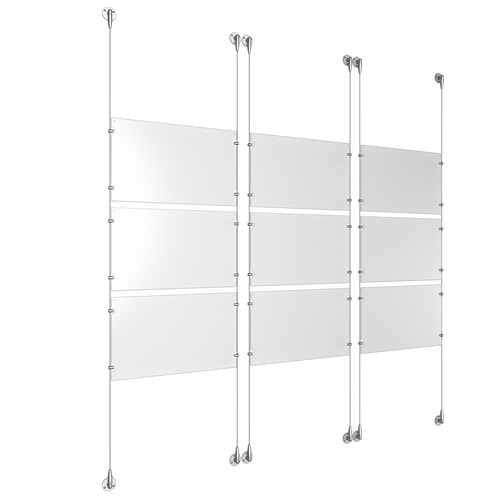 (9) 17'' Width x 11'' Height Clear Acrylic Frame & (6) Aluminum Clear Anodized Adjustable Angle Signature Cable Systems with (36) Single-Sided Panel Grippers