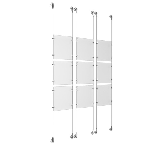 (9) 8-1/2'' Width x 11'' Height Clear Acrylic Frame & (6) Aluminum Clear Anodized Adjustable Angle Signature Cable Systems with (36) Single-Sided Panel Grippers