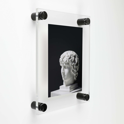 (2) 7-1/2'' X 9-1/2'' Clear Acrylics , Pre-Drilled With Polished Edges (Thick 1/8'' each), Wall Frame with (4) 5/8'' x 3/4'' Black Anodized Aluminum Standoffs includes Screws and Anchors